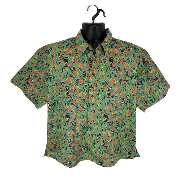 Tori Richard Hawaiian Popover Shirt Tropical Flora Bird Print Half Button Sz XL - Picture 1 of 11